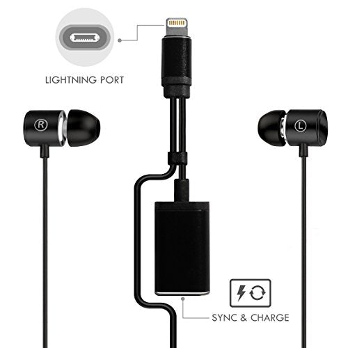[MFI Certified] Lightning Headphone/Earphone/Earbud,Wired HiFi Stereo In-Ear Headphones Digital Lightning Earbuds with Mic and Volume Control and Lightning charging port for iPhone 7 / 8 / X (Black)