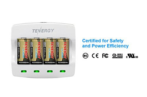 Combo: (Works with Arlo) Tenergy 3.7V RCR123A Li-ion Battery Charger + 4 pcs 3.7V 650mAh RCR123A Li-ion Batteries for Arlo Wire-Free HD Security Cameras (VMC3030) UN, UL Certified