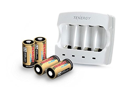 Combo: (Works with Arlo) Tenergy 3.7V RCR123A Li-ion Battery Charger + 4 pcs 3.7V 650mAh RCR123A Li-ion Batteries for Arlo Wire-Free HD Security Cameras (VMC3030) UN, UL Certified