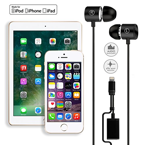 [MFI Certified] Lightning Headphone/Earphone/Earbud,Wired HiFi Stereo In-Ear Headphones Digital Lightning Earbuds with Mic and Volume Control and Lightning charging port for iPhone 7 / 8 / X (Black)