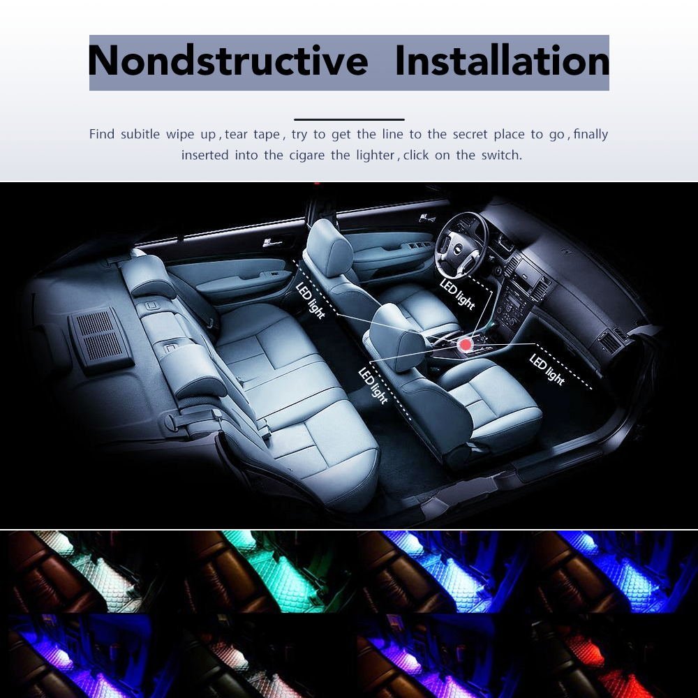 Car LED Strip Light, 4pcs 72 LED DC 12V Multicolor Music Car Interior Light LED -Under Dash Lighting Kit with Sound Active Function and Wireless Remote Control