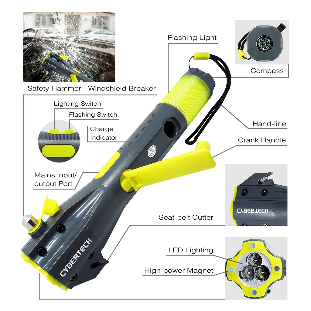 CyberTech All-in-1 Emergency Flashlight,LED Flashlight, SOS Strobe, Windshield Hammer, Window Breaker, Seatbelt Cutter,Waterproof,Compass,Rechargeable Hand Crank Flashlight and USB Cell Phone Charger