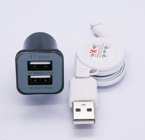 Cybertech Mini Dual Bullet 2-Port USB Car Charger 3.1Amp with Retractable Lightning Cable 4 Apple iPhone 6 / 6 plus - Color: White